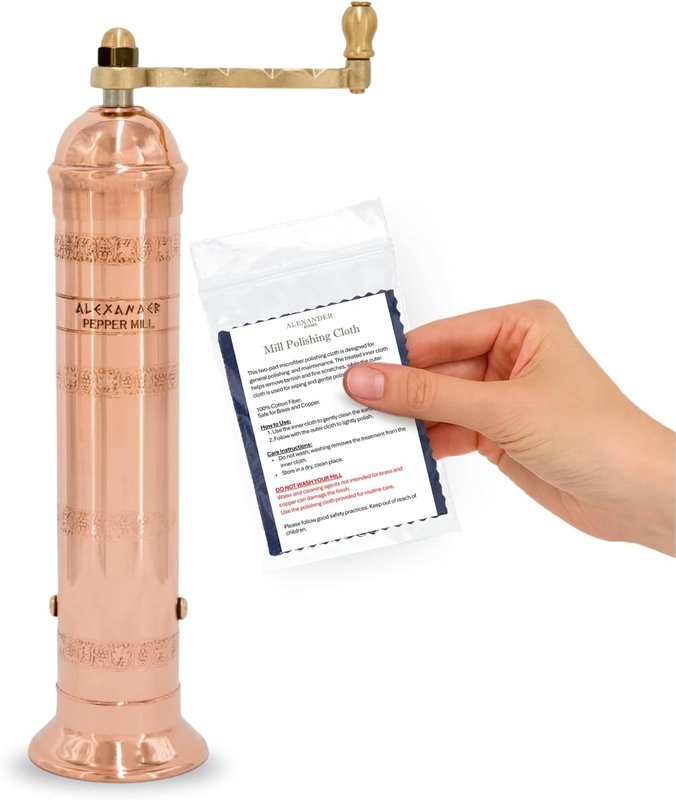 Alexander Home Original Greek Pepper Mill, 9-Inch Copper – European Manual Pepper Grinder Refillable, with Polishing Cloth - Image 1