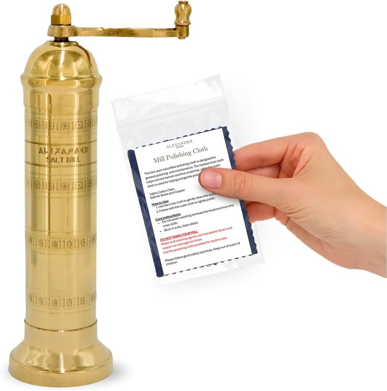 Alexander Home Original Greek Salt Mill, 8-Inch Brass– European Manual Salt Grinder Refillable, with Polishing Cloth - Image 1