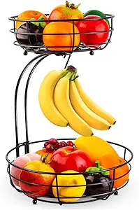 2-Tier Countertop Fruit Vegetables Basket Bowl Storage With Banana Hanger - Image 1